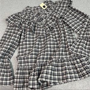 Prairie Ruffle Plaid Top Medium Bell Sleeves Country Dark Academia